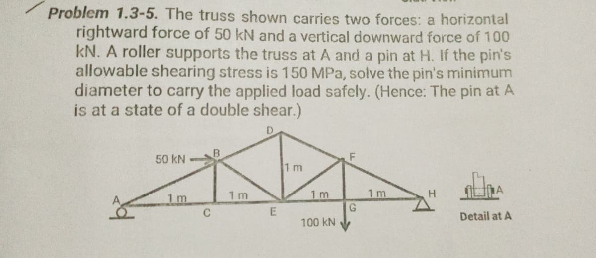 Problem 1.3-5. The truss shown carries two forces: a horizontal
rightward force of 50 kN and a vertical downward force of 100
kN. A roller supports the truss at A and a pin at H. If the pin's
allowable shearing stress is 150 MPa, solve the pin's minimum
diameter to carry the applied load safely. (Hence: The pin at A
is at a state of a double shear.)
D.
B.
50 kN
1 m
1 m
H.
1 m
G.
1 m
1 m
Detail at A
100 kN
