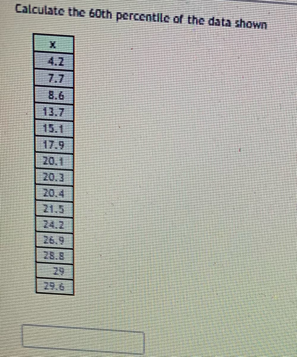 Calculate the 60th percentlle of the data shown
4.2
7.7
8.6
13.7
15.1
17.9
20.1
20.3
20.4
21.5
24.2
26.9
28.8
29
