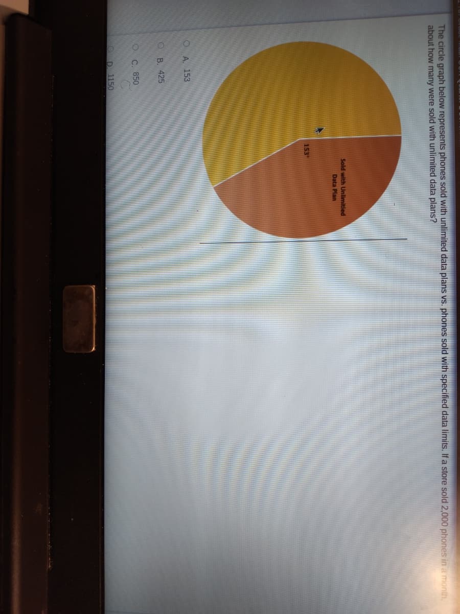 The circle graph below represents phones sold with unlimited data plans vs. phones sold with specified data limits. If a store sold 2,000 phones in a month,
about how many were sold with unlimited data plans?
Sold with Unlimitied
Data Plan
153
OA. 153
O B. 425
OC. 850
D. 1150
