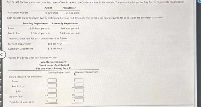 Ace Racket Company manufactures two types of tennis rackets, the Junior and Pro Striker models. The production budget for July for the two rackets is as follows:
Junior
Pro Striker
Production budget
8,300 units
21,600 units
Both rackets are produced in two departments, Forming and Assembly. The direct labor hours required for each racket are estimated as follows:
Forming Department
Assembly Department
Junior
0.25 hour per unit
0.4 hour per unit
Pro Striker
0.3 hour per unit
0.65 hour per unit
The direct labor rate for each department is as follows:
Forming Department
Assembly Department
Prepare the direct labor cost budget for July.
$18 per hour
$13 per hour
Hours required for production:
Junior
Pro Striker
Total
Hourly rate
Total direct labor cost
Ace Racket Company
Direct Labor Cost Budget
For the Month Ending July 31
Forming Department Assembly Department
00000