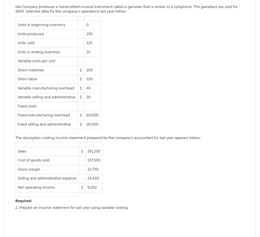 Ida Company produces a handcrafted musical instrument called a gamelan that is similar to a xylophone. The gamelans are sold for
$850. Selected data for the company's operations last year follow:
Units in beginning inventory
Units produced
Units sold
Units in ending inventory
Variable costs per unit:
Direct materials
Direct labor
Fixed costs:
0
250
Sales
225
Variable manufacturing overhead
$ 40
Variable selling and administrative $ 20
Cost of goods sold
Gross margin
Selling and administrative expense
Net operating income
25
$ 100
$ 320
Fixed manufacturing overhead $ 60,000
Fixed selling and administrative $ 20,000
The absorption costing income statement prepared by the company's accountant for last year appears below:
$191,250
157,500
33,750
24,500
$ 9,250
Required:
2. Prepare an income statement for last year using variable costing.