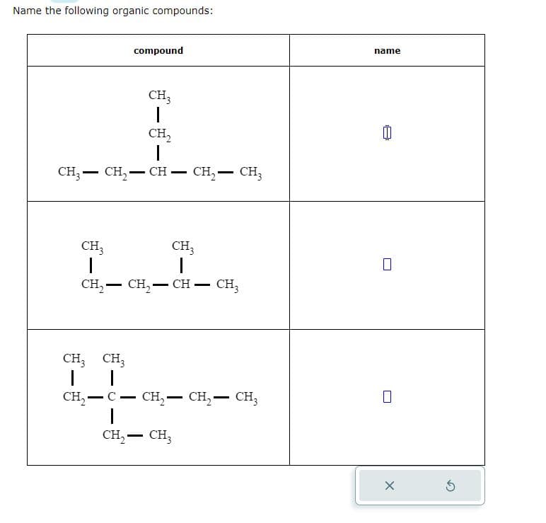 Name the following organic compounds:
compound
CH3
1
CH₂
I
CH₂ - CH₂ - CH CH₂ - CH3
CH3
|
CH₂
1
CH₂ CH₂ CH CH3
-
CH3 CH3
If
-
CH₂-C
-
CH₂ CH₂ CH3
CH₂ - CH₂
-
name
0
0
X