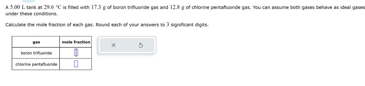 A 5.00 L tank at 29.6 °℃ is filled with 17.3 g of boron trifluoride gas and 12.8 g of chlorine pentafluoride gas. You can assume both gases behave as ideal gases
under these conditions.
Calculate the mole fraction of each gas. Round each of your answers to 3 significant digits.
gas
boron trifluoride
chlorine pentafluoride
mole fraction
0
0
X
Ś