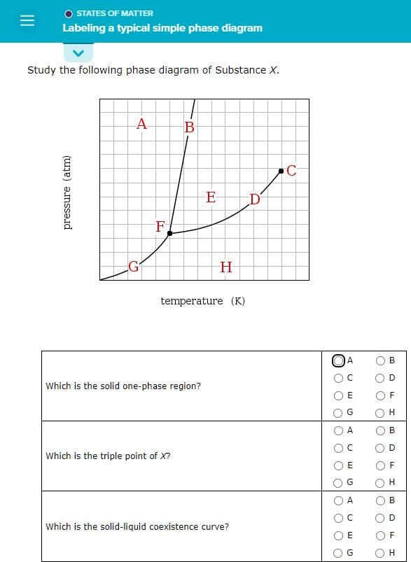 =
O STATES OF MATTER
Labeling a typical simple phase diagram
Study the following phase diagram of Substance X.
pressure (atm)
-Α
A
G
F
B
Which is the solid one-phase region?
Which is the triple point of X?
E-
temperature (K)
H
Which is the solid-liquid coexistence curve?
D
C
O O
A
G
A
E
G
A
U
E
G)
O
B
O
B
D
F
H
T
H