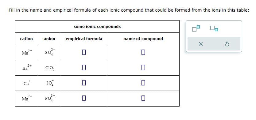 Fill in the name and empirical formula of each ionic compound that could be formed from the ions in this table:
cation
3+
Mn
2+
Ba
Cu
2+
Mg
anion
so²
C10₂
10₂
3-
PO₁
some ionic compounds
empirical formula
0
name of compound
X