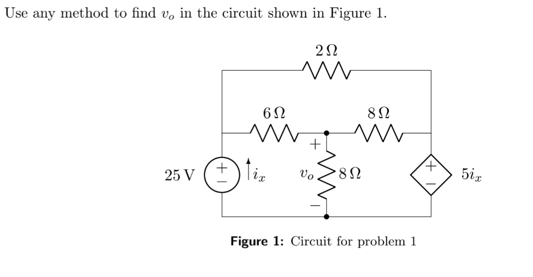 Use any method to find vo in the circuit shown in Figure 1.
+
25 V
Vo
5ix
Figure 1: Circuit for problem 1
