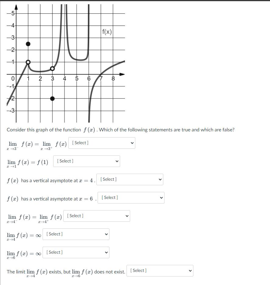 -5나
-4
f(x)
-3-
2-
1 2
3
4
5
8
--1
2-
--3-
Consider this graph of the function f (x). Which of the following statements are true and which are false?
lim f (x) = lim f (x) [Select]
x +3
2 +3+
lim f (x) = f (1)
[ Select ]
2 +1
f (x) has a vertical asymptote at a = 4. ( Select]
f (x) has a vertical asymptote at a = 6 . [ Select ]
%3D
lim f (x) = lim f (æ) [Select]
lim f (x) = ∞
[ Select]
lim f (x) = 0
[ Select ]
The limit lim f (x) exists, but lim f (x) does not exist. [ Select]
>
>
>
>
