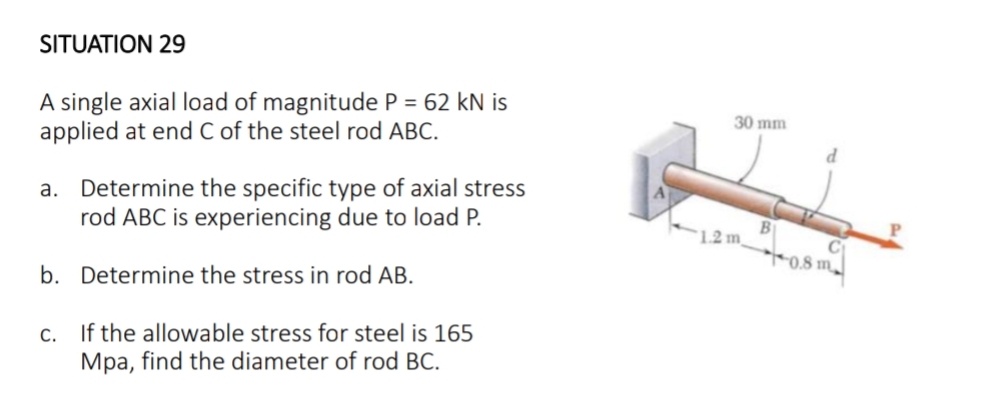 SITUATION 29
A single axial load of magnitude P = 62 kN is
applied at end C of the steel rod ABC.
a. Determine the specific type of axial stress
rod ABC is experiencing due to load P.
b. Determine the stress in rod AB.
c.
If the allowable stress for steel is 165
Mpa, find the diameter of rod BC.
30 mm
1.2m
d
0.8 m₂