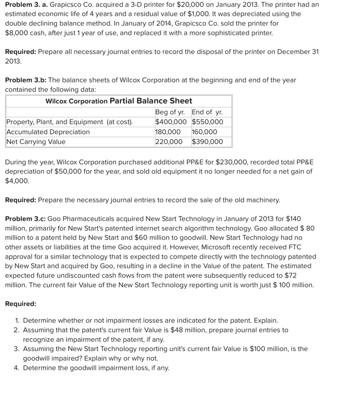 Problem 3. a. Grapicsco Co. acquired a 3-D printer for $20,000 on January 2013. The printer had an
estimated economic life of 4 years and a residual value of $1,000. It was depreciated using the
double declining balance method. In January of 2014, Grapicsco Co. sold the printer for
$8,000 cash, after just 1 year of use, and replaced it with a more sophisticated printer.
Required: Prepare all necessary journal entries to record the disposal of the printer on December 31
2013.
Problem 3.b: The balance sheets of Wilcox Corporation at the beginning and end of the year
contained the following data:
Wilcox Corporation Partial Balance Sheet
Property, Plant, and Equipment (at cost).
Accumulated Depreciation
Net Carrying Value
Beg of yr. End of yr.
$400,000 $550,000
180,000 160,000
220,000 $390,000
During the year, Wilcox Corporation purchased additional PP&E for $230,000, recorded total PP&E
depreciation of $50,000 for the year, and sold old equipment it no longer needed for a net gain of
$4,000.
Required: Prepare the necessary journal entries to record the sale of the old machinery.
Problem 3.c: Goo Pharmaceuticals acquired New Start Technology in January of 2013 for $140
million, primarily for New Start's patented internet search algorithm technology. Goo allocated $80
million to a patent held by New Start and $60 million to goodwill. New Start Technology had no
other assets or liabilities at the time Goo acquired it. However, Microsoft recently received FTC
approval for a similar technology that is expected to compete directly with the technology patented
by New Start and acquired by Goo, resulting in a decline in the Value of the patent. The estimated
expected future undiscounted cash flows from the patent were subsequently reduced to $72
million. The current fair Value of the New Start Technology reporting unit is worth just $ 100 million.
Required:
1. Determine whether or not impairment losses are indicated for the patent. Explain.
2. Assuming that the patent's current fair Value is $48 million, prepare journal entries to
recognize an impairment of the patent, if any.
3. Assuming the New Start Technology reporting unit's current fair Value is $100 million, is the
goodwill impaired? Explain why or why not.
4. Determine the goodwill impairment loss, if any.