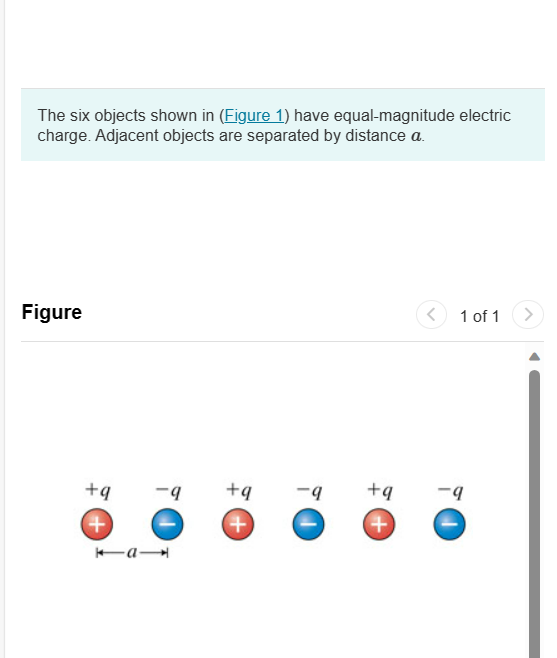 The six objects shown in (Figure 1) have equal-magnitude electric
charge. Adjacent objects are separated by distance a.
Figure
+9
(+)
a
-9
+9
+
+q
(+
<
1 of 1