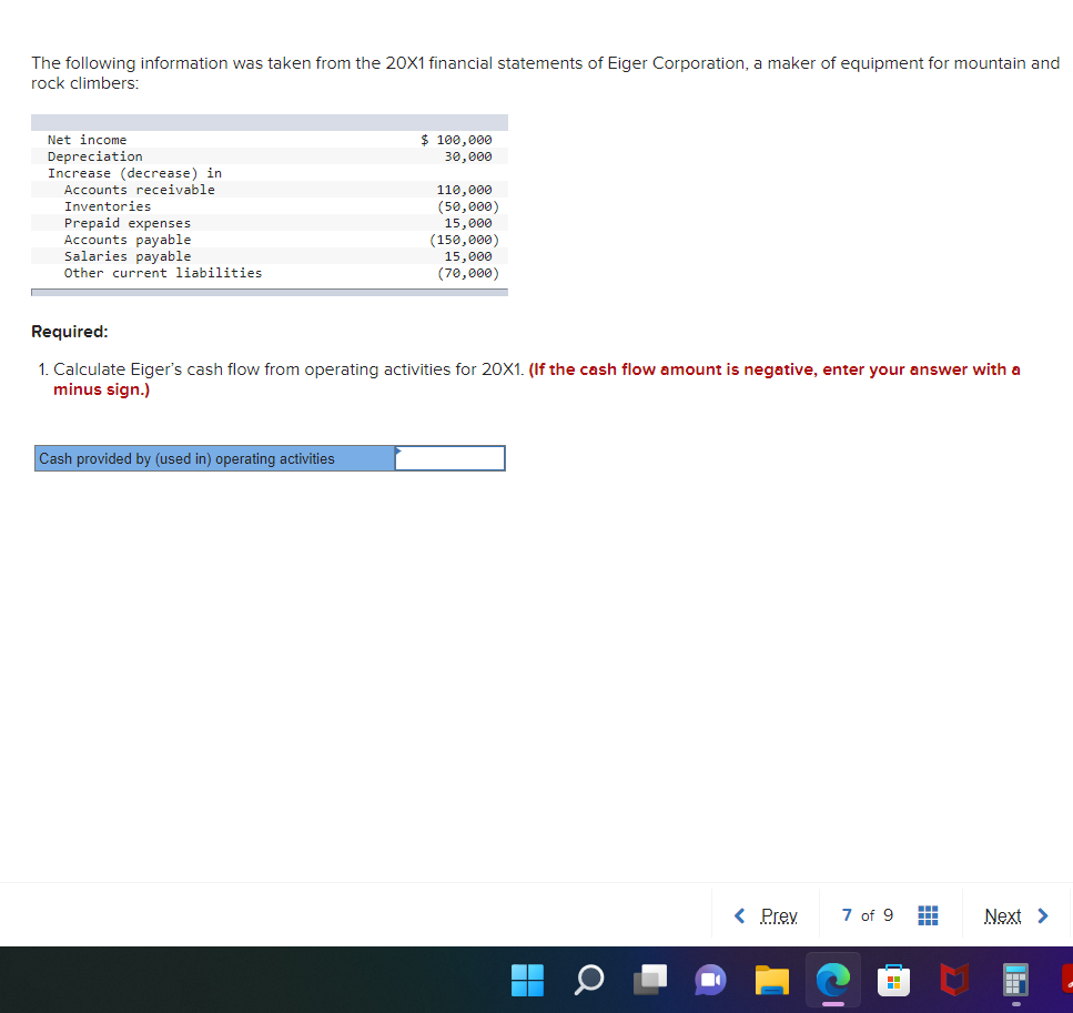 The following information was taken from the 20X1 financial statements of Eiger Corporation, a maker of equipment for mountain and
rock climbers:
Net income
Depreciation
Increase (decrease) in
Accounts receivable
Inventories
Prepaid expenses
Accounts payable
Salaries payable
Other current liabilities
$ 100,000
30,000
Cash provided by (used in) operating activities
110,000
(50,000)
15,000
(150,000)
15,000
(70,000)
Required:
1. Calculate Eiger's cash flow from operating activities for 20X1. (If the cash flow amount is negative, enter your answer with a
minus sign.)
8
< Prev
7 of 9
#
Next >