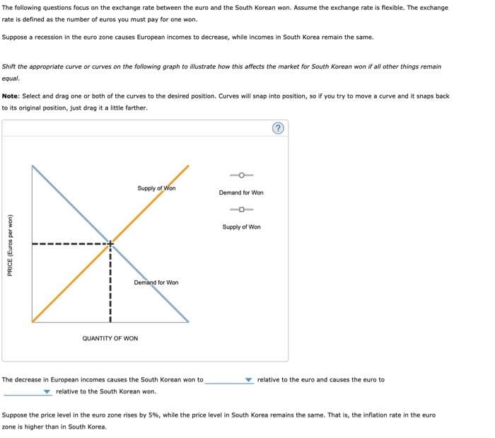 The following questions focus on the exchange rate between the euro and the South Korean won. Assume the exchange rate is flexible. The exchange
rate is defined as the number of euros you must pay for one won.
Suppose a recession in the euro zone causes European incomes to decrease, while incomes in South Korea remain the same.
Shift the appropriate curve or curves on the following graph to illustrate how this affects the market for South Korean won if all other things remain
equal.
Note: Select and drag one or both of the curves to the desired position. Curves will snap into position, so if you try to move a curve and it snaps back
to its original position, just drag it a little farther.
PRICE (Euros per won)
Supply of Won
Demand for Won
QUANTITY OF WON
The decrease in European incomes causes the South Korean won to
relative to the South Korean won.
Demand for Won
Supply of Won
relative to the euro and causes the euro to
Suppose the price level in the euro zone rises by 5%, while the price level in South Korea remains the same. That is, the inflation rate in the euro
zone is higher than in South Korea.