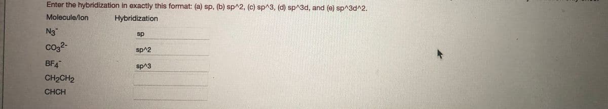 Enter the hybridization in exactly this format: (a) sp, (b) sp^2, (c) sp^3, (d) sp^3d, and (e) sp^3d^2.
Molecule/lon
Hybridization
Ng
sp
co2-
sp^2
BF4
sp^3
CH2CH2
CHCH
