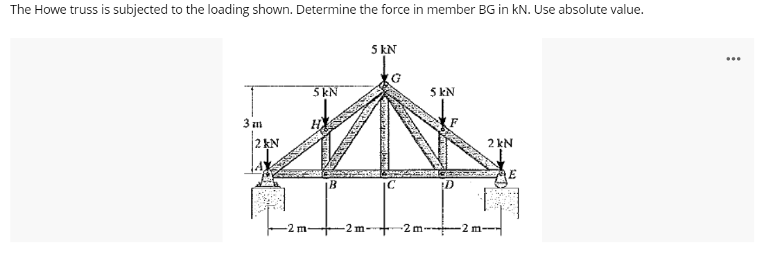 The Howe truss is subjected to the loading shown. Determine the force in member BG in kN. Use absolute value.
5 kN
...
5 KN
5 kN
3 m
2 kN
2 kN
B
D
-2 m-
-2 m-+
-2m
2 m---
