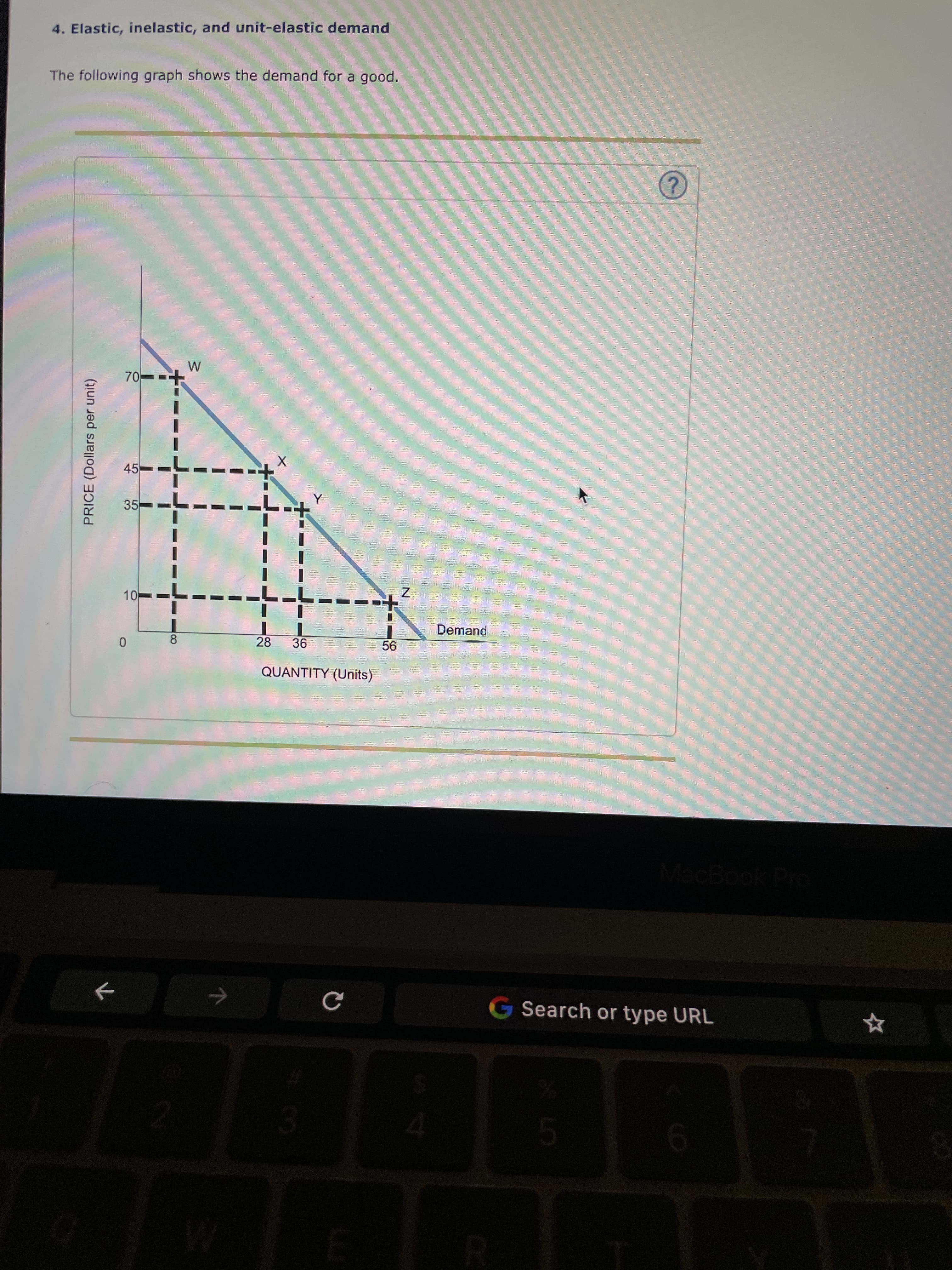 PRICE (Dollars per unit)
3.
4. Elastic, inelastic, and unit-elastic demand
The following graph shows the demand for a good.
45 -
35
10+
Demand
28
8.
QUANTITY (Units)
->
G Search or type URL
