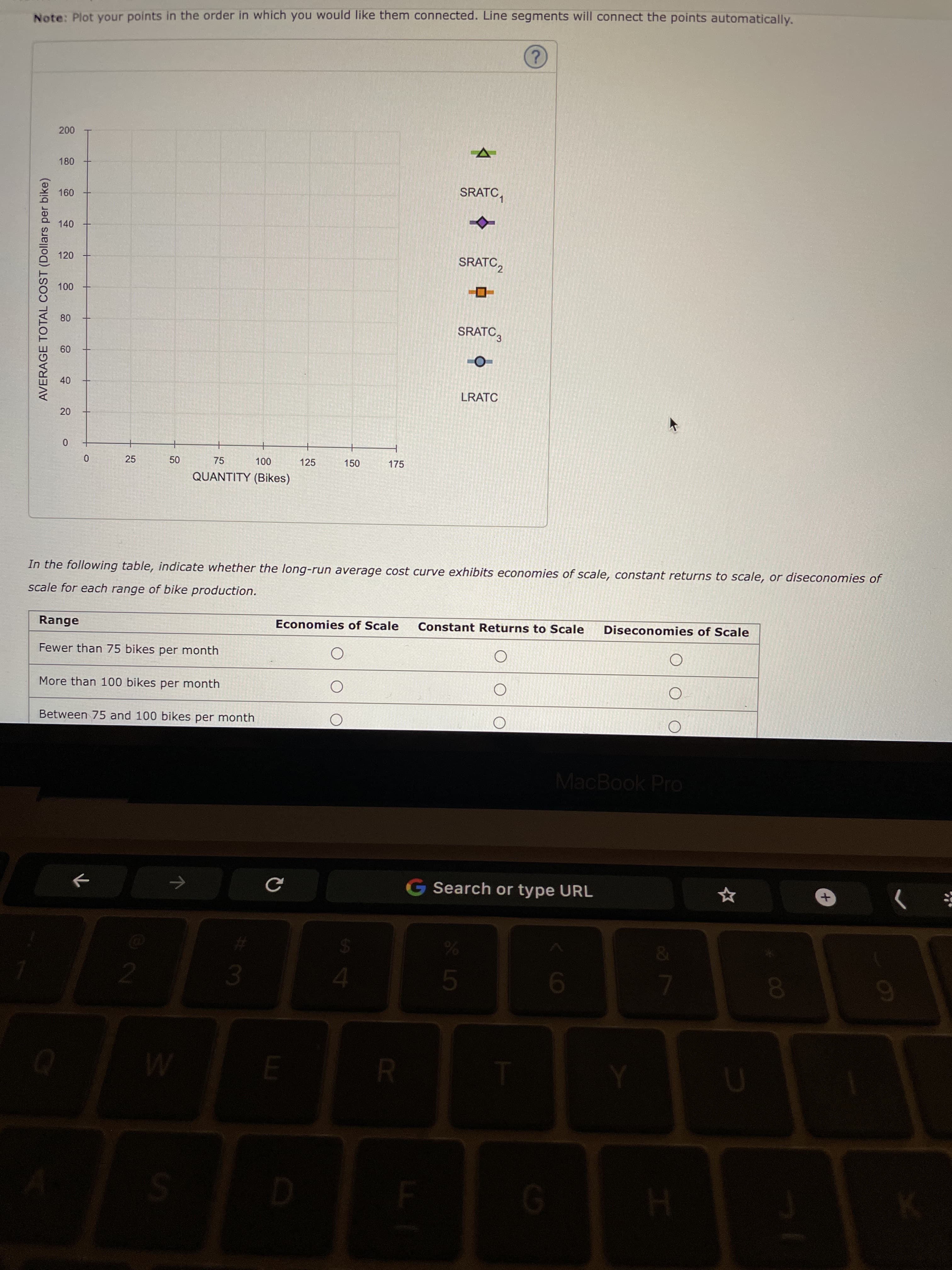 +)
3
50
20
AVERAGE TOTAL COST (Dollars per bike)
Note: Plot your points in the order in which you would like them connected. Line segments will connect the points automatically.
180
SRATC,
140
SRATC,
120
SRATC,
09
LRATC
75
00L
QUANTITY (Bikes)
25
125
150
175
In the following table, indicate whether the long-run average cost curve exhibits economies of scale, constant returns to scale, or diseconomies of
scale for each range of bike production.
Range
Economies of Scale
Constant Returns to Scale
Diseconomies of Scale
Fewer than 75 bikes per month
More than 100 bikes per month
Between 75 and 100 bikes per month
MacBook Pro
G Search or type URL
9-
