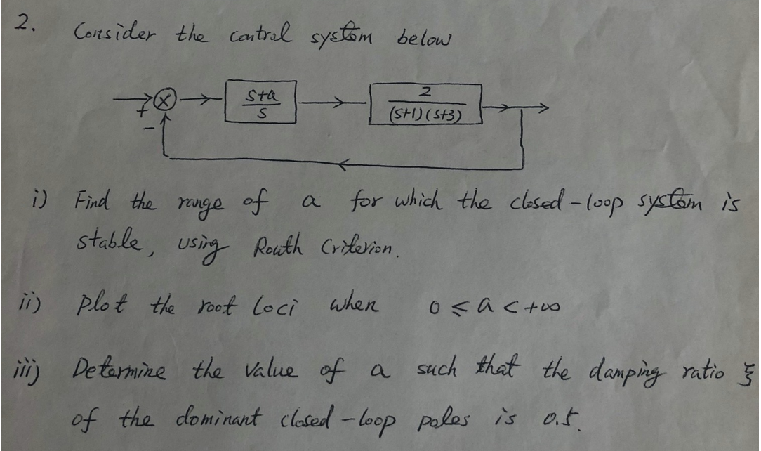 2.
Corts ider the cantral systom below
Sta
(SH)(St3)
Find the rauge
of
a for which the clased -loop syctom is
stable, using Routh Crilerion.
ii) plot the root loci
when
| ii) Detarmine the Value of a such that the damping ratio
of the dominant closed -loop poles is at
