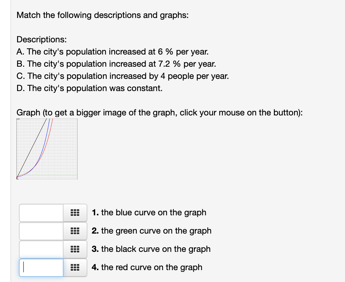 Match the following descriptions and graphs:
Descriptions:
A. The city's population increased at 6 % per year.
B. The city's population increased at 7.2 % per year.
C. The city's population increased by 4 people per year.
D. The city's population was constant.
Graph (to get a bigger image of the graph, click your mouse on the button):
1. the blue curve on the graph
...
...
2. the green curve on the graph
3. the black curve on the graph
...
...
...
...
4. the red curve on the graph
