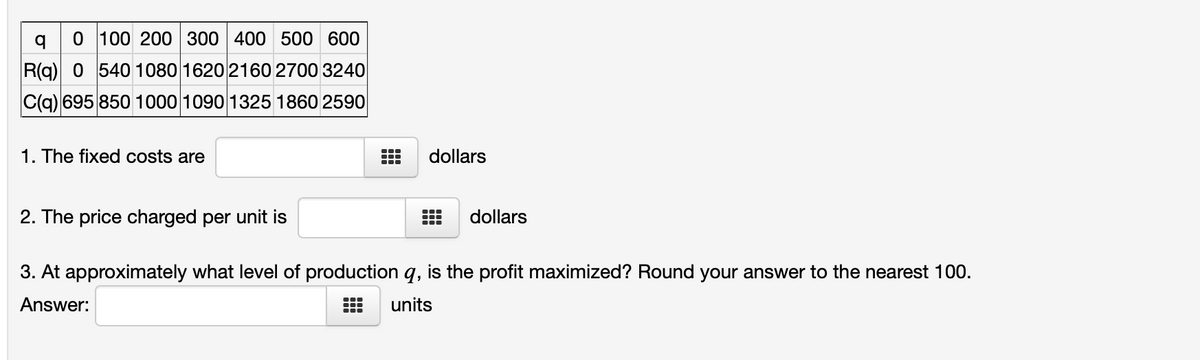 0 100 200 300 400 500 600
R(q) 0 540 1080 1620 2160 2700 3240
C(g) 695 850 1000 1090 1325 1860 2590
1. The fixed costs are
dollars
2. The price charged per unit is
dollars
3. At approximately what level of production q, is the profit maximized? Round your answer to the nearest 100.
Answer:
units
