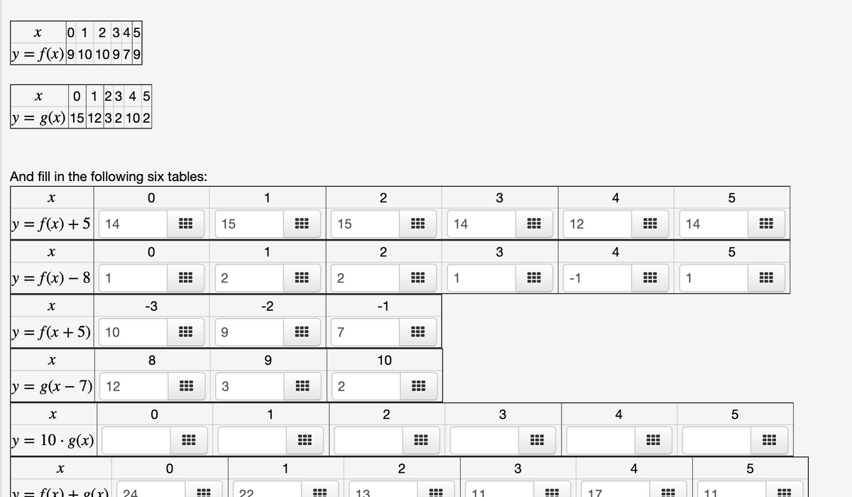 0 1 2 345
y = f(x)9 10 10979
0 1 23 4 5
g(x) 15 12 32 10 2
And fill in the following six tables:
1
4
y = f(x) + 5
14
15
15
14
12
14
1
2
3
4
y = f(x) – 8| 1
2
1
-1
1
-1
y = f(x + 5)
10
9.
7
8
9.
10
y = g(x – 7) 12
3
2
1
2
3
4
10 · g(x)
...
ly =
1
3
4
- f(r) + o(r)
...
24
22
13
11
17
11
LO
2.
