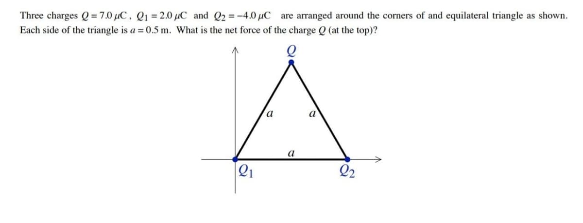 Three charges Q=7.0 μC, Q1 = 2.0 μC and Q2 = -4.0 μC are arranged around the corners of and equilateral triangle as shown.
Each side of the triangle is a = 0.5 m. What is the net force of the charge Q (at the top)?
A
a
21
a
22