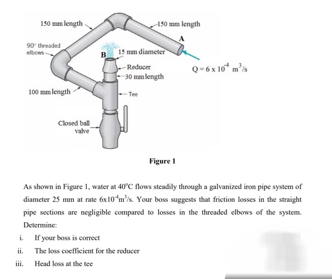 150 mm length
150 mm length
90° threaded
elbows
15 mm diameter
B
Q = 6 x 10* m³/s
Reducer
|- 30 mmlength
100 mm length
+ Tee
Closed ball
valve
Figure 1
As shown in Figure 1, water at 40°C flows steadily through a galvanized iron pipe system of
diameter 25 mm at rate 6x10*m/s. Your boss suggests that friction losses in the straight
pipe sections are negligible compared to losses in the threaded elbows of the system.
Determine:
i.
If your boss is correct
ii.
The loss coefficient for the reducer
iii.
Head loss at the tee
