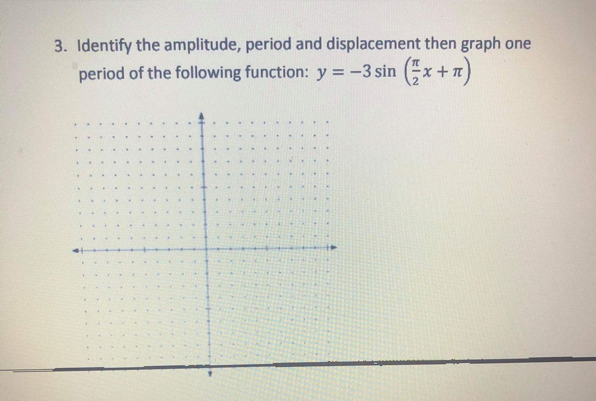 3. Identify the amplitude, period and displacement then graph one
period of the following function: y = -3 sin (x + T
12
1:
