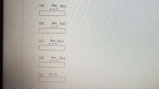 (a)
lim f(x)
X- 3
(b)
lim f(x)
X- 3*
(c)
lim f(x)
X- 3
(d)
lim f(x)
X- 15
(e)
f(15)
