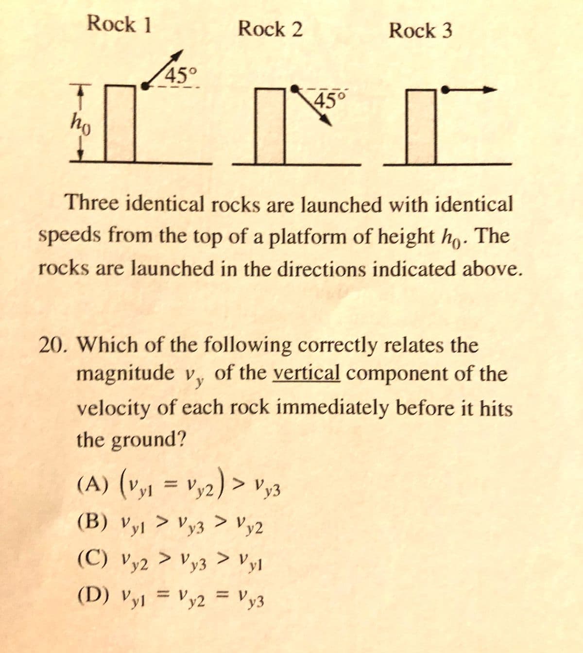 Rock 1
Rock 2
Rock 3
ロ
45°
45°
ho
Three identical rocks are launched with identical
speeds from the top of a platform of height ho. The
rocks are launched in the directions indicated above.
20. Which of the following correctly relates the
magnitude v, of the vertical component of the
y
velocity of each rock immediately before it hits
the ground?
(A) (v,1 = vy2) > vy3
(B) vy > Vy3 > Vy2
(C) vy2 > Vy3 > Vyl
(D) Vyl = = Vy3
V y2
%3D
