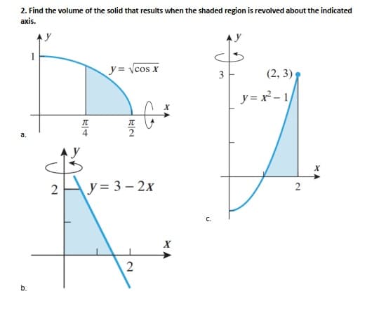 2. Find the volume of the solid that results when the shaded region is revolved about the indicated
аxis.
1
y = ycos x
(2, 3)
3
y = x- 1,
a.
y
y= 3 – 2x
b.
