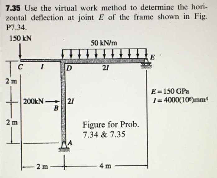 7.35 Use the virtual work method to determine the hori-
zontal deflection at joint E of the frame shown in Fig.
P7.34.
150 kN
50 kN/m
E
C
I
D
21
E=150 GPa
I= 4000(106)mm4
200kN-> 21
B
Figure for Prob.
7.34 & 7.35
2 m
4 m
2 m
2 m