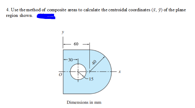 4. Use the method of composite areas to calculate the centroidal coordinates (x, y) of the plane
region shown.
60
– 30-
40
-15
Dimensions in mm
