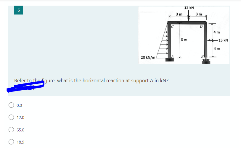 12 kN
6
3 m
3 m
C
4 m
8 m
15 kN
4 m
20 kN/m
B
Refer to the figure, what is the horizontal reaction at support A in kN?
0.0
O 12.0
65.0
18.9
