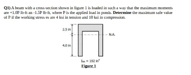 Q1) A beam with a cross-section shown in figure 1 is loaded in such a way that the maximum moments
are +1.0P Ib-ft an -1.5P Ib-ft, where P is the applied luad in ponds. Determine the maximum safe value
of P if the working stress es are 4 ksi in tension and 10 ksi in compression.
2.5 in
N.A.
4.0 in
Iu = 192 in
Figure 1
