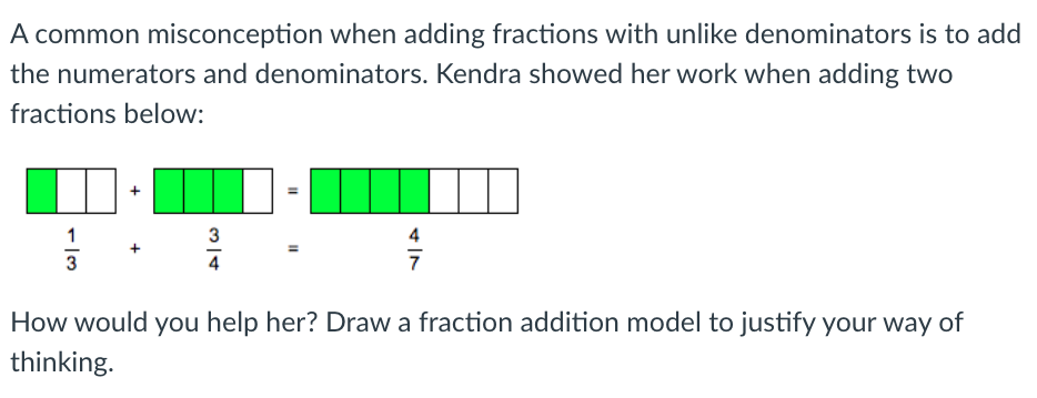 A common misconception when adding fractions with unlike denominators is to add
the numerators and denominators. Kendra showed her work when adding two
fractions below:
1
3
4
3
4
7
How would you help her? Draw a fraction addition model to justify your way of
thinking.
