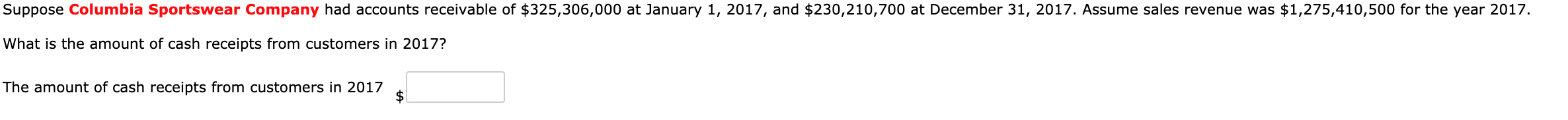 Suppose Columbia Sportswear Company had accounts receivable of $325,306,000 at January 1, 2017, and $230,210,700 at December 31, 2017. Assume sales revenue was $1,275,410,500 for the year 2017.
What is the amount of cash receipts from customers in 2017?
The amount of cash receipts from customers in 2017
$
