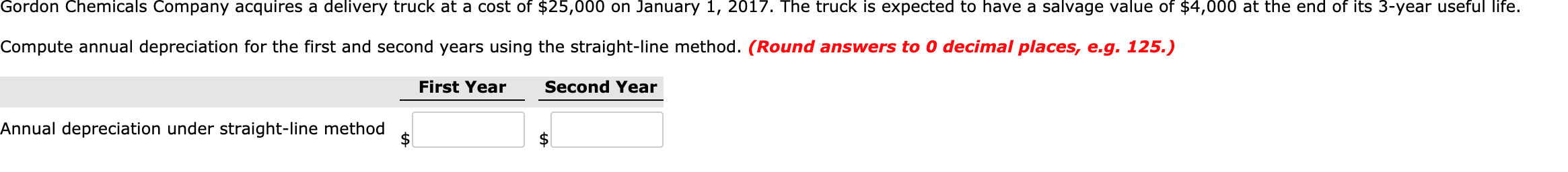 Gordon Chemicals Company acquires a delivery truck at a cost of $25,000 on January 1, 2017. The truck is expected to have a salvage value of $4,000 at the end of its 3-year useful life.
Compute annual depreciation for the first and second years using the straight-line method. (Round answers to 0 decimal places, e.g. 125.)
First Year
Second Year
Annual depreciation under straight-line method
