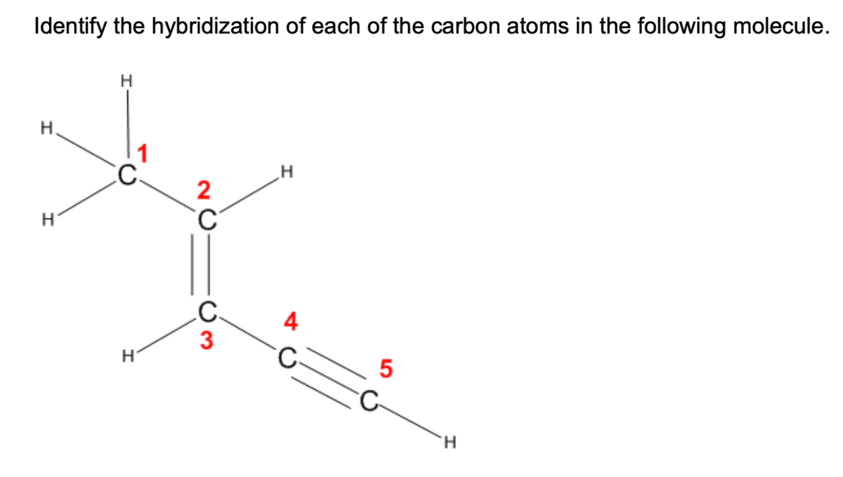 Identify the hybridization of each of the carbon atoms in the following molecule.
Н.
H
H
1
C
H
2
C
Um
C
3
H
4
C
1.0
5
H