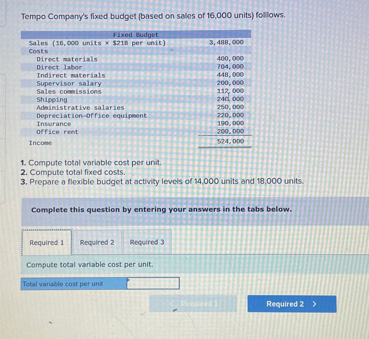 Tempo Company's fixed budget (based on sales of 16,000 units) folllows.
Fixed Budget
Sales (16,000 units * $218 per unit)
Costs
Direct materials
Direct labor
Indirect materials
Supervisor salary
Sales commissions
Shipping
Administrative salaries
Depreciation-office equipment
Insurance
office rent
Income
3,488,000
400,000
704,000
448,000
200,000
112 000
240 000
250,000
220,000
190,000
200,000
524,000
1. Compute total variable cost per unit.
2. Compute total fixed costs.
3. Prepare a flexible budget at activity levels of 14,000 units and 18,000 units.
Complete this question by entering your answers in the tabs below.
Required 1 Required 2 Required 3
Compute total variable cost per unit.
Total variable cost per unit
Required 1
Required 2 >