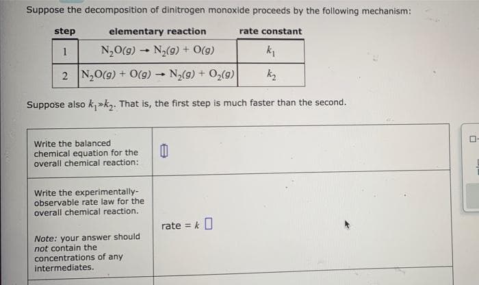 Suppose the decomposition of dinitrogen monoxide proceeds by the following mechanism:
step
elementary reaction
rate constant
N,0(g) - N,(9) + O(g)
k1
1
2 N,0(g) + O(g) - N2(9) + O,(g)
Suppose also k, »k,. That is, the first step is much faster than the second.
Write the balanced
chemical equation for the
overall chemical reaction:
Write the experimentally-
observable rate law for the
overall chemical reaction.
rate = k O
Note: your answer should
not contain the
concentrations of any
intermediates.
