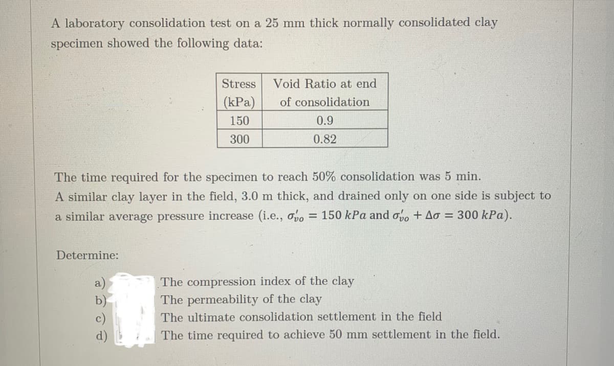 A laboratory consolidation test on a 25 mm thick normally consolidated clay
specimen showed the following data:
Stress
(kPa)
150
300
Determine:
Void Ratio at end
of consolidation
0.9
0.82
The time required for the specimen to reach 50% consolidation was 5 min.
A similar clay layer in the field, 3.0 m thick, and drained only on one side is subject to
a similar average pressure increase (i.e., ovo 150 kPa and ovo + A0 = 300 kPa).
=
The compression index of the clay
The permeability of the clay
The ultimate consolidation settlement in the field
The time required to achieve 50 mm settlement in the field.