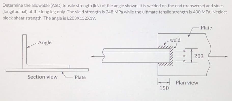 Determine the allowable (ASD) tensile strength (kN) of the angle shown. It is welded on the end (transverse) and sides
(longitudinal) of the long leg only. The yield strength is 248 MPa while the ultimate tensile strength is 400 MPa. Neglect
block shear strength. The angle is L203X152X19.
Plate
weld
Angle
203
Section view
Plate
- Plan view
150
