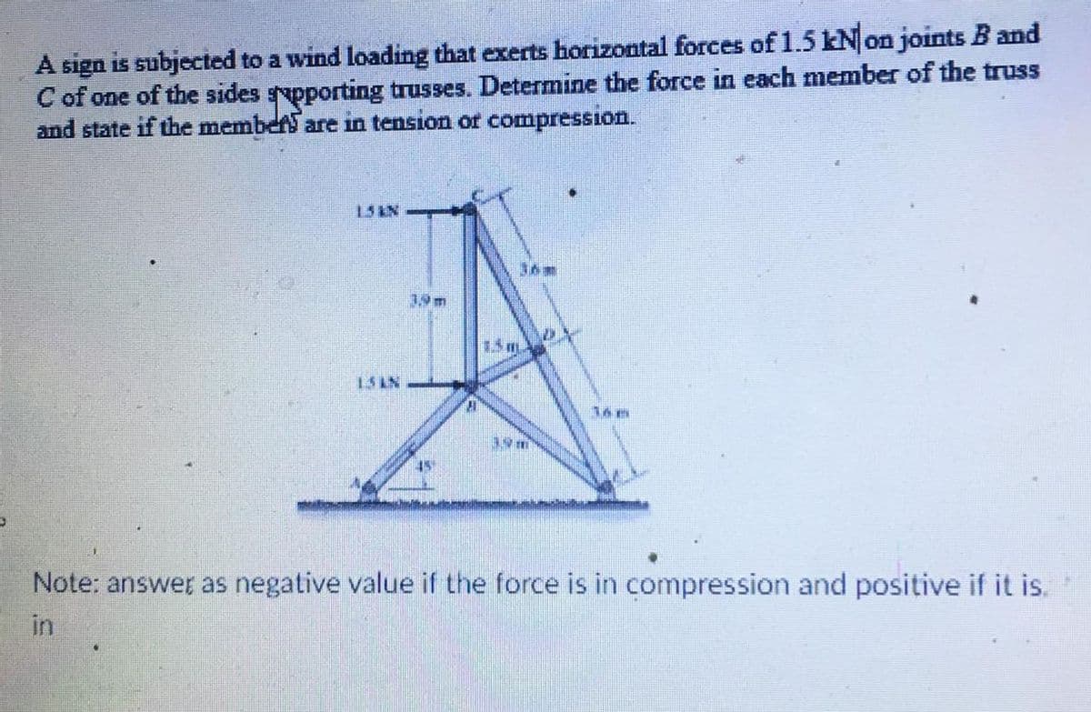 A sign is subjected to a wind loading that exerts horizontal forces of1.5 kNon joints B and
C of one of the sides pporting trusses. Determine the force in each member of the truss
and state if the member are in tension or compression.
15KN
36m
39m
15AN
160
45
Note: answer as negative value if the force is in compression and positive if it is.
in
