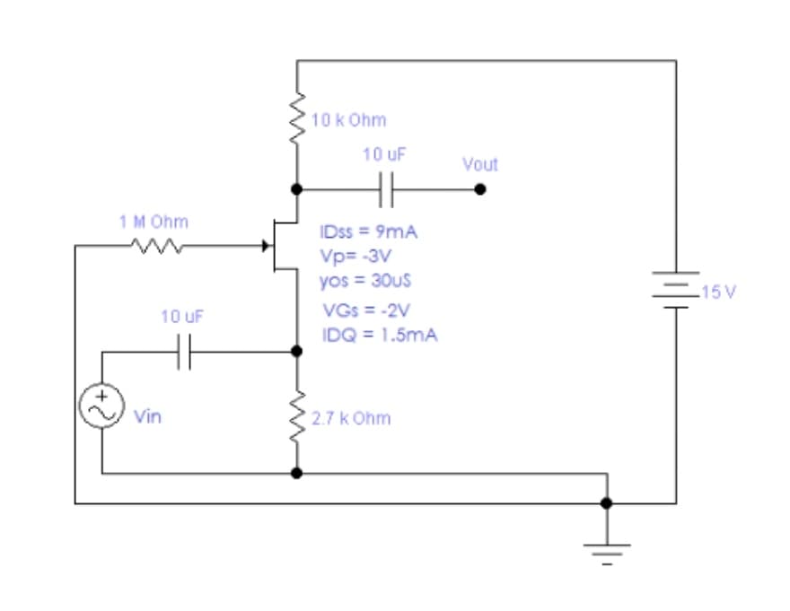 10 k Ohm
10 uF
Vout
1 M Ohm
IDSS = 9mA
Vp= -3V
yos = 30us
-15 V
VGs = -2V
10 uF
IDQ = 1.5mA
HI
Vin
2.7 k Ohm
(+2)
