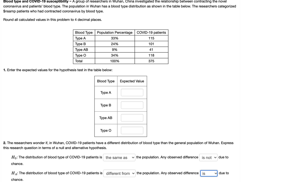 ### Blood type and COVID-19 susceptibility

A group of researchers in Wuhan, China investigated the relationship between contracting the novel coronavirus and patients’ blood type. The population in Wuhan has a blood type distribution as shown in the table below. The researchers categorized 375 patients who had contracted coronavirus by blood type.

Round all calculated values in this problem to 4 decimal places.

#### Blood Type Distribution in Wuhan Population and COVID-19 Patients
| Blood Type | Population Percentage | COVID-19 patients |
|------------|-----------------------|-------------------|
| Type A     | 33%                   | 115               |
| Type B     | 24%                   | 101               |
| Type AB    | 9%                    | 41                |
| Type O     | 34%                   | 118               |
| **Total**  | **100%**              | **375**           |

**1. Enter the expected values for the hypothesis test in the table below:**

| Blood Type | Expected Value |
|------------|----------------|
| Type A     |                |
| Type B     |                |
| Type AB    |                |
| Type O     |                |

**2. The researchers wonder if, in Wuhan, COVID-19 patients have a different distribution of blood type than the general population of Wuhan. Express this research question in terms of a null and alternative hypothesis.**

**Null Hypothesis (H₀):** The distribution of blood type of COVID-19 patients is **the same as** the population. Any observed difference **is not** due to chance. 

**Alternative Hypothesis (H₁):** The distribution of blood type of COVID-19 patients is **different from** the population. Any observed difference **is** due to chance.