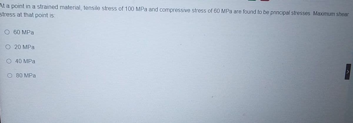 At a point in a strained material, tensile stress of 100 MPa and compressive stress of 60 MPa are found to be principal stresses Maximum shear
stress at that point is:
O 60 MPa
O 20 MPa
O 40 MPa
O 80 MPa