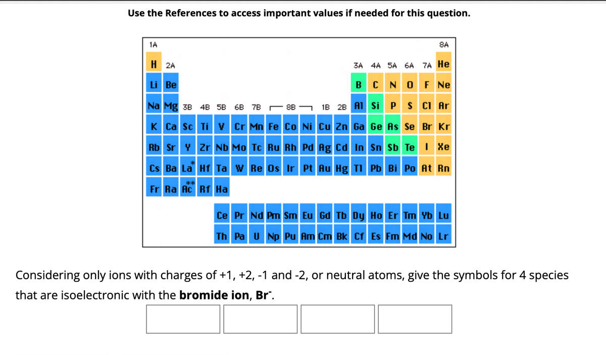 **Periodic Table Activity: Isoelectronic Species**

**Instructions:**
Use the references to access important values if needed for this question.

**Task:**
Considering only ions with charges of +1, +2, -1, and -2, or neutral atoms, give the symbols for four species that are isoelectric with the bromide ion, \( \text{Br}^- \).

**Periodic Table Color Codes:**
- **Yellow:** Nonmetals and Noble Gases
- **Green:** Metalloids
- **Blue:** Metals

**Question:**
Identify four species (ions or neutral atoms) isoelectronic with the bromide ion, \( \text{Br}^- \). 

**Answer Table:**

|Example 1|Example 2|Example 3|Example 4|
|--|--|--|--|
|__|__|__|__|

In this activity, you will use the periodic table to find elements or ions that have the same number of electrons as the bromide ion. The bromide ion (\( \text{Br}^- \)) has the same number of electrons as krypton (Kr) because it gains one electron to achieve a full outer electron shell, similar to the noble gas configuration.

**Explanation of Graph:**
The graph provided is a periodic table of elements, with elements grouped into categories based on their properties. Elements are arranged according to increasing atomic number from left to right and top to bottom. The table is color-coded to visually distinguish different types of elements (nonmetals, noble gases, metalloids, and metals). This periodic table will help you determine which ions and atoms are isoelectronic with the bromide ion.