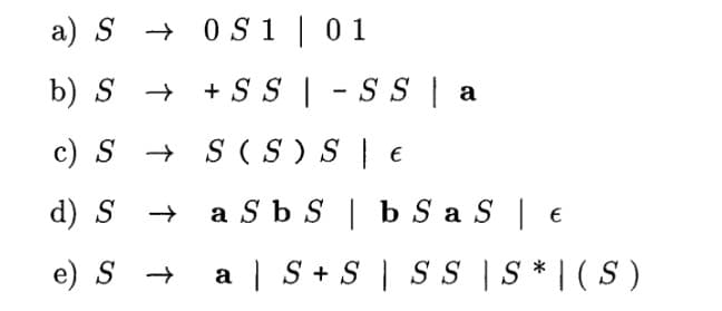 a) S0S1 | 01
b) S
c) S →
→ + SS SS | a
-
S (S) S €
d) S
→ a Sb S | b SaS | €
e) Sa S + S | SS | S* |( S)