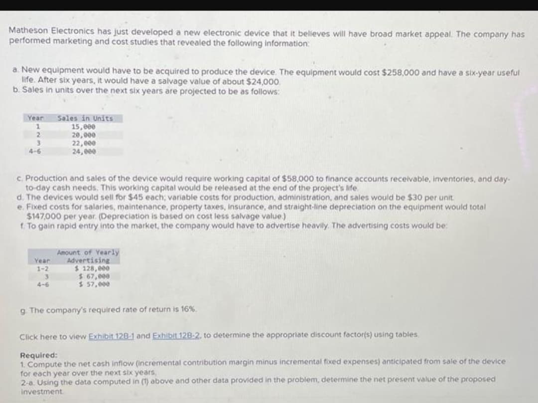 Matheson Electronics has just developed a new electronic device that it believes will have broad market appeal. The company has
performed marketing and cost studies that revealed the following information:
a. New equipment would have to be acquired to produce the device. The equipment would cost $258,000 and have a six-year useful
life. After six years, it would have a salvage value of about $24,000.
b. Sales in units over the next six years are projected to be as follows:
Year
1
2
3
4-6
Sales in Units
15,000
20,000
22,000
24,000
c. Production and sales of the device would require working capital of $58,000 to finance accounts receivable, inventories, and day-
to-day cash needs. This working capital would be released at the end of the project's life.
d. The devices would sell for $45 each; variable costs for production, administration, and sales would be $30 per unit.
e. Fixed costs for salaries, maintenance, property taxes, insurance, and straight-line depreciation on the equipment would total
$147,000 per year. (Depreciation is based on cost less salvage value.)
f. To gain rapid entry into the market, the company would have to advertise heavily. The advertising costs would be:
Year
1-2
3
4-6
Amount of Yearly
Advertising
$ 128,000
$ 67,000
$ 57,000
g. The company's required rate of return is 16%.
Click here to view Exhibit 128-1 and Exhibit 128-2, to determine the appropriate discount factor(s) using tables.
Required:
1. Compute the net cash inflow (incremental contribution margin minus incremental fixed expenses) anticipated from sale of the device
for each year over the next six years,
2-a. Using the data computed in (1) above and other data provided in the problem, determine the net present value of the proposed
investment