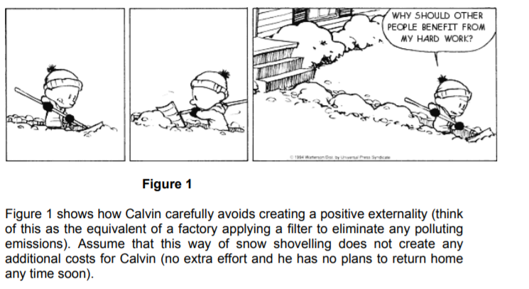 WHY SHOULD OTHER
PECPLE BENEFIT FROM
MY HARD WORK?
Figure 1
Figure 1 shows how Calvin carefully avoids creating a positive externality (think
of this as the equivalent of a factory applying a filter to eliminate any polluting
emissions). Assume that this way of snow shovelling does not create any
additional costs for Calvin (no extra effort and he has no plans to return home
any time soon).
